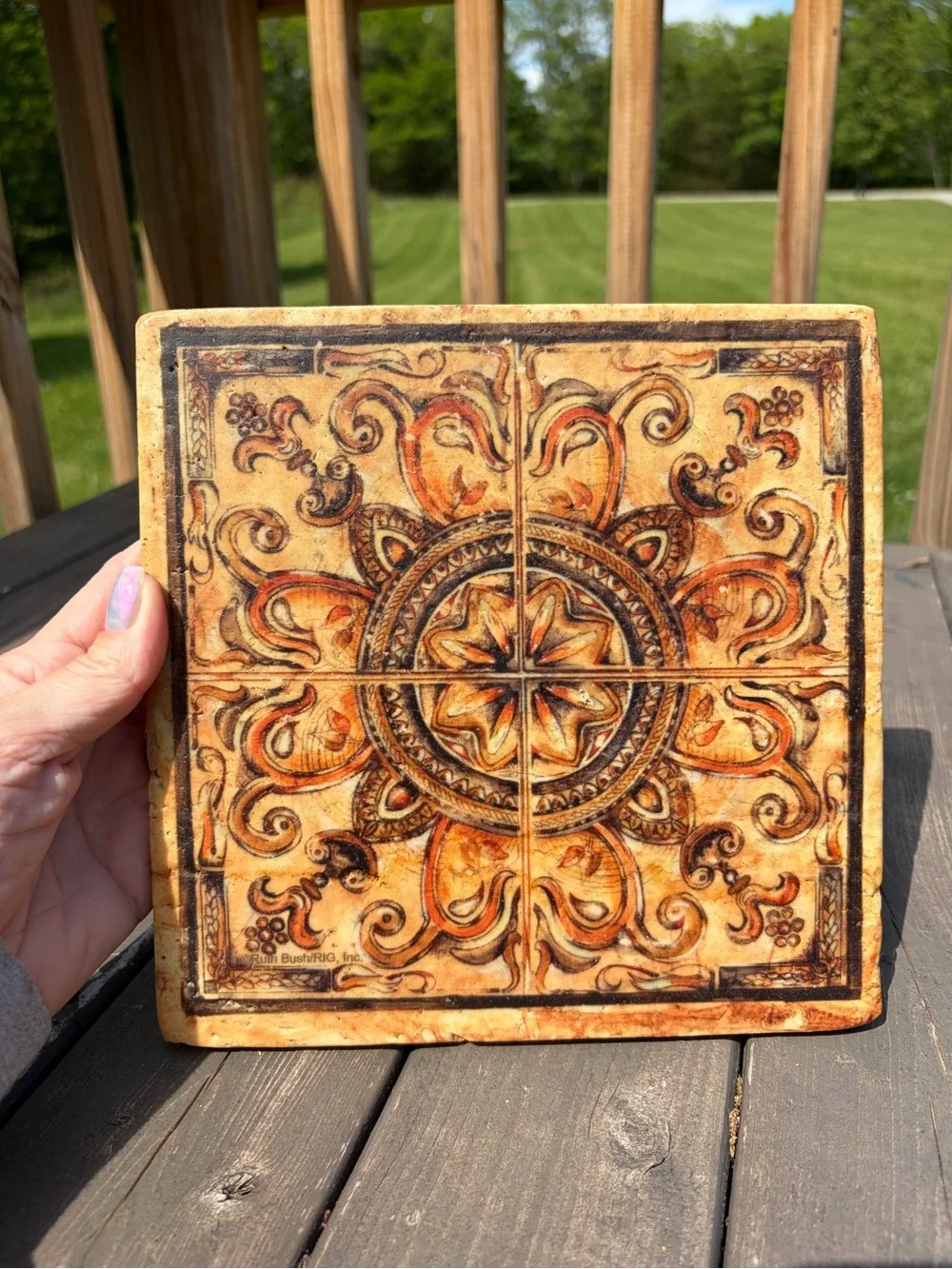 VINTAGE PIER 1 RUTH BUSH TRIVET TUSCAN SCROLL TILE ITALIAN FRESCO Heavy